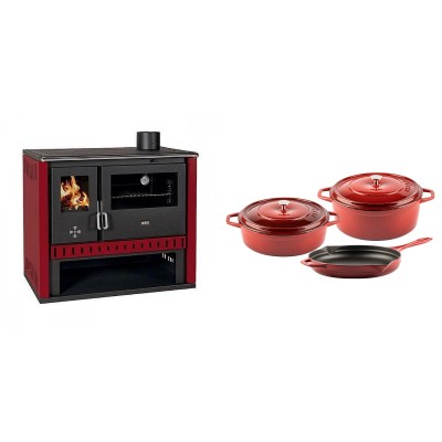 Set Küchenofen / Küchenhexe Prity GT Rot, Leistung 15 kW + Gusseisen Topf Set aus 3 teilen Solagio, Rubin - Kaminofen - Holzofen mit Backfach