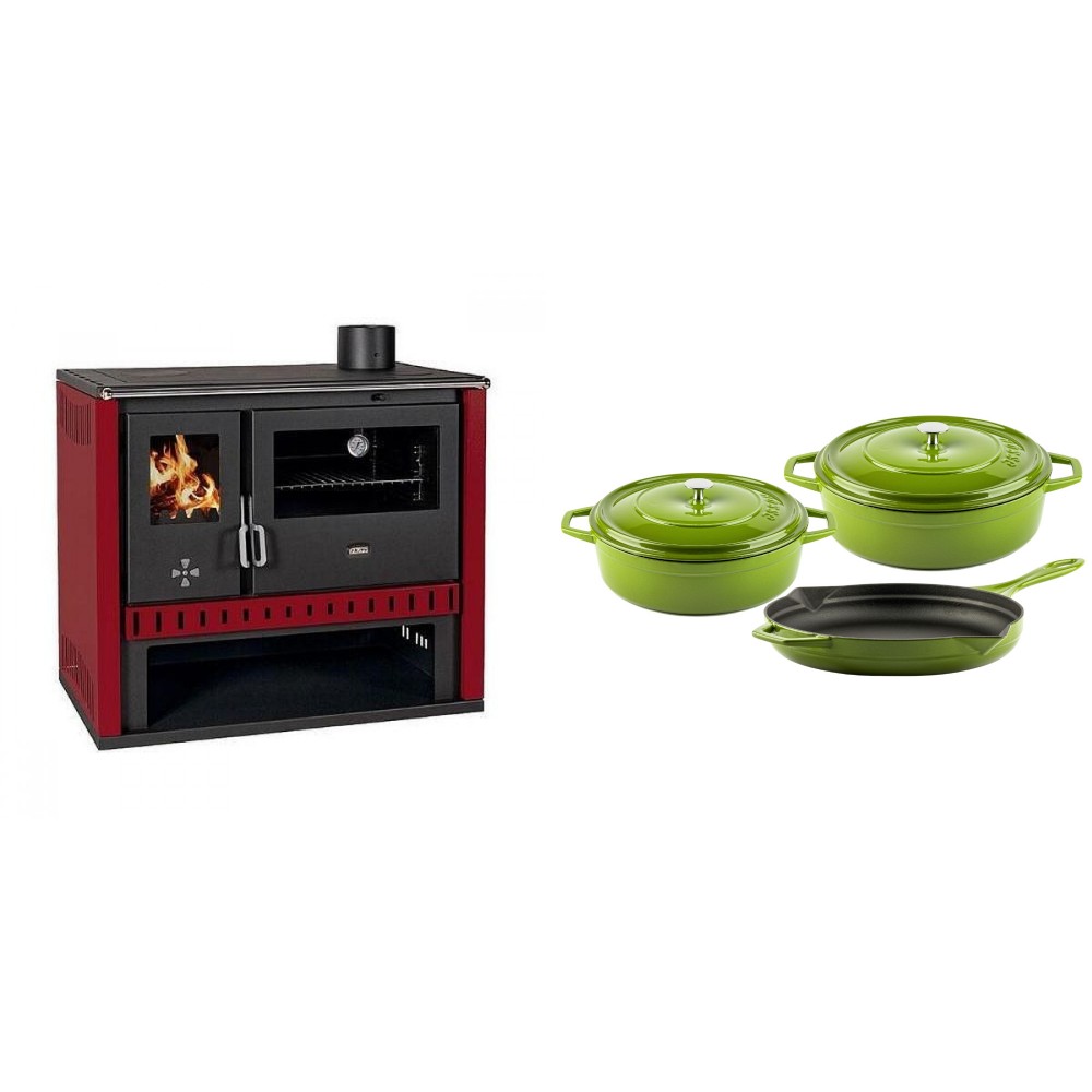 Set Küchenofen / Küchenhexe Prity GT Rot, Leistung 15 kW + Gusseisen Topf Set aus 3 teilen Solagio, Bamboo | Kaminofen - Holzofen mit Backfach | Kaminofen |