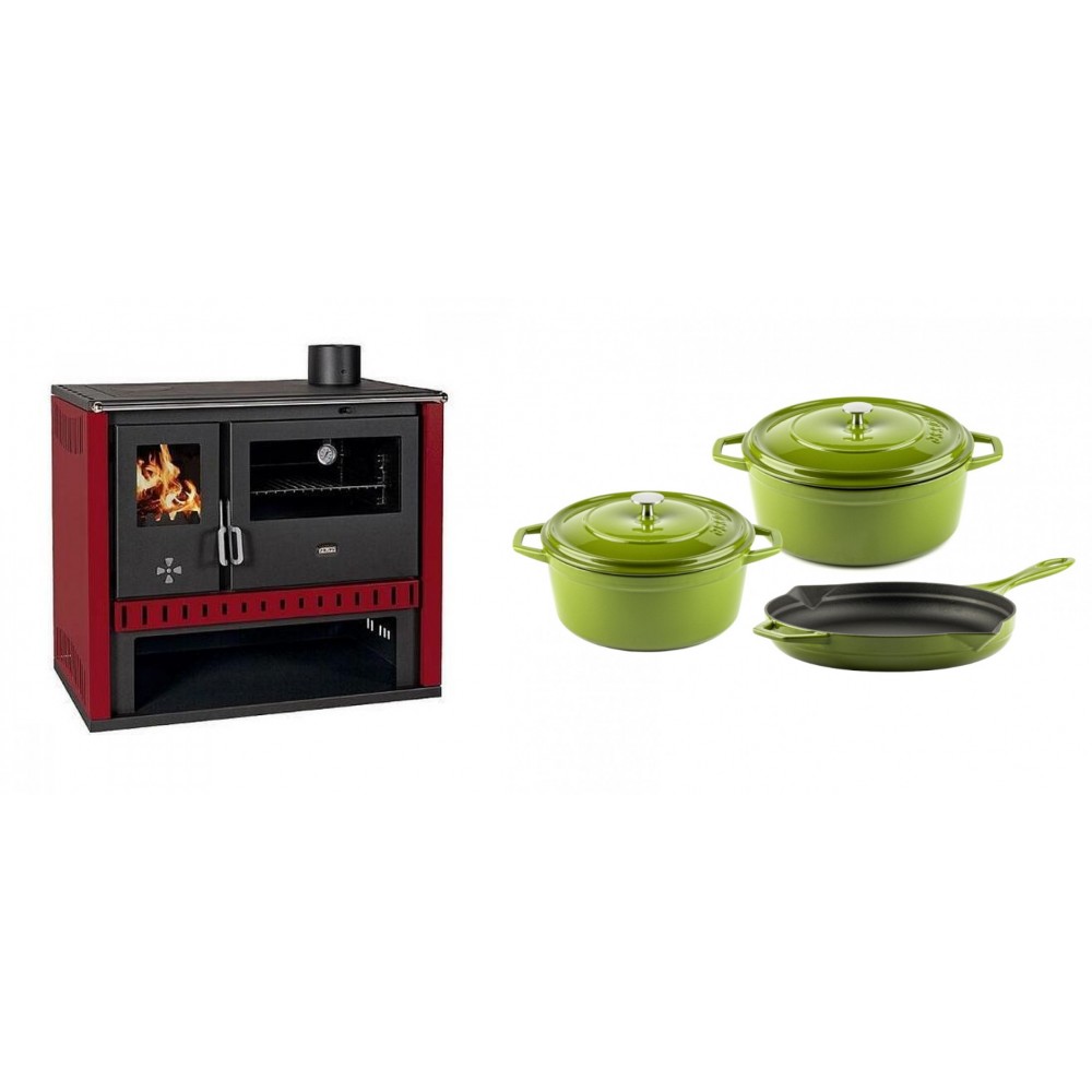 Set Küchenofen / Küchenhexe Prity GT Rot, Leistung 15 kW + Gusseisen Topf Set aus 3 teilen Solagio, Bamboo | Kaminofen - Holzofen mit Backfach | Kaminofen |