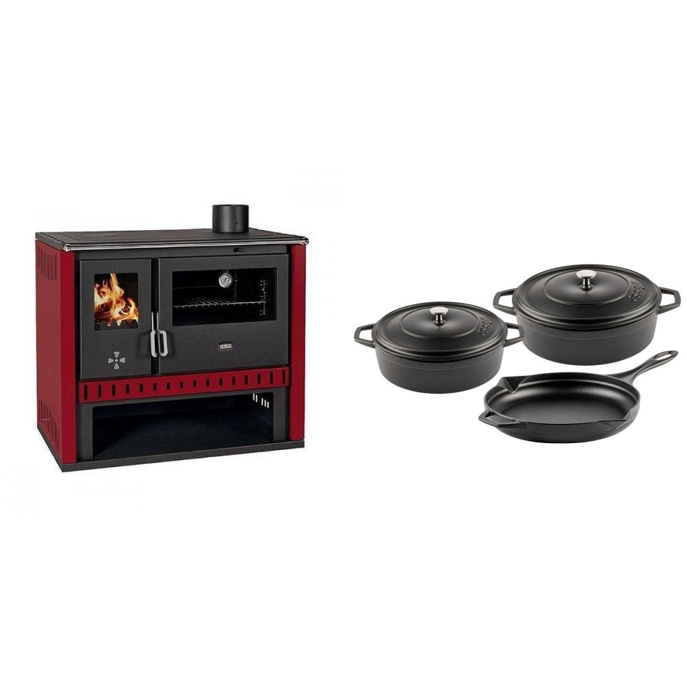 Set Küchenofen / Küchenhexe Prity GT Rot, Leistung 15 kW + Gusseisen Topf Set aus 3 teilen Solagio, Black Onyx