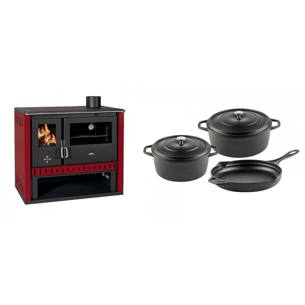 Set Küchenofen / Küchenhexe Prity GT Rot, Leistung 15 kW + Gusseisen Topf Set aus 3 teilen Solagio, Black Onyx | Kaminofen - Holzofen mit Backfach | Kaminofen |
