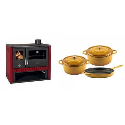 Set Küchenofen / Küchenhexe Prity GT Rot, Leistung 15 kW + Gusseisen Topf Set aus 3 teilen Solagio, Dijon - Kaminofen - Holzofen mit Backfach