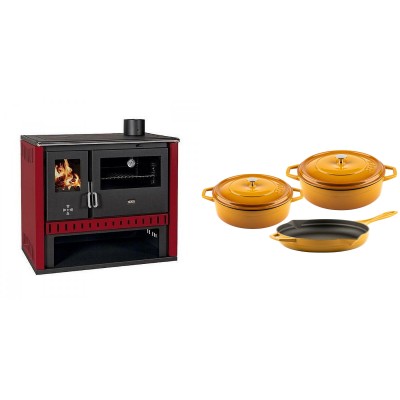 Set Küchenofen / Küchenhexe Prity GT Rot, Leistung 15 kW + Gusseisen Topf Set aus 3 teilen Solagio, Dijon - Kaminofen - Holzofen mit Backfach