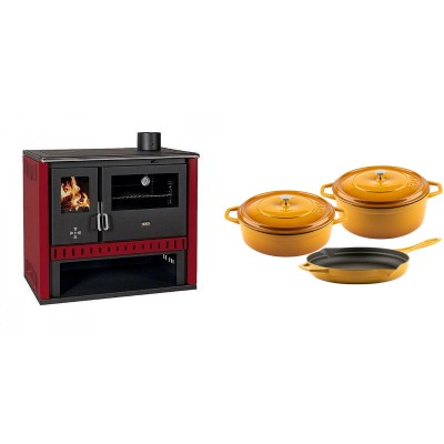Set Küchenofen / Küchenhexe Prity GT Rot, Leistung 15 kW + Gusseisen Topf Set aus 3 teilen Solagio, Dijon - Kaminofen - Holzofen mit Backfach