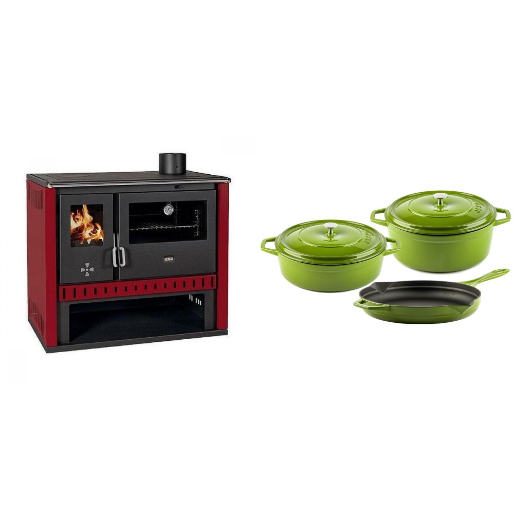 Set Küchenofen / Küchenhexe Prity GT Rot, Leistung 15 kW + Gusseisen Topf Set aus 3 teilen Solagio, Bamboo