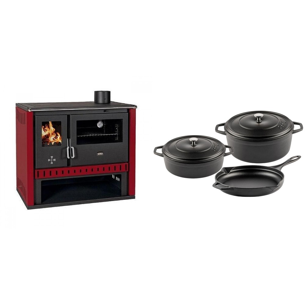 Set Küchenofen / Küchenhexe Prity GT Rot, Leistung 15 kW + Gusseisen Topf Set aus 3 teilen Solagio, Black Onyx | Kaminofen - Holzofen mit Backfach | Kaminofen |
