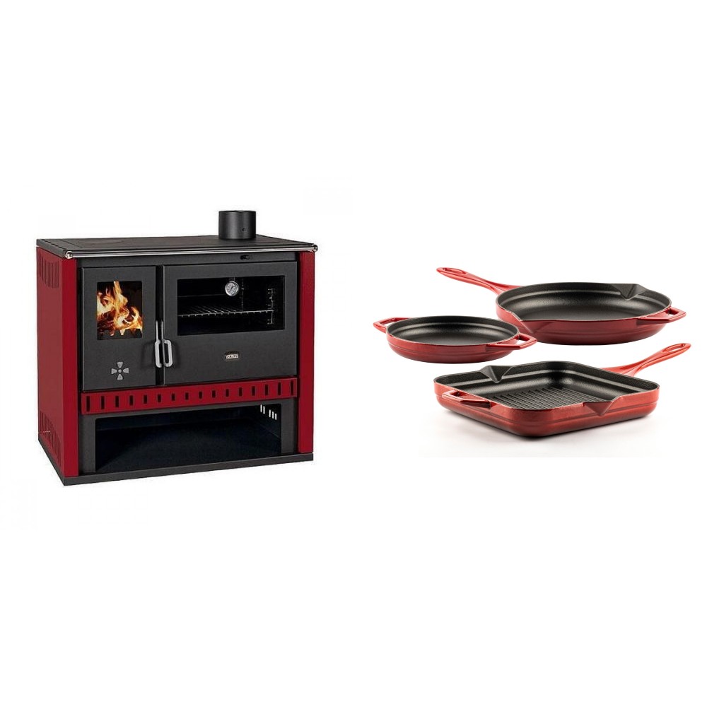 Set Küchenofen / Küchenhexe Prity GT Rot, Leistung 15 kW + Gusseisen Topf Set aus 3 teilen Solagio, Rubin | Kaminofen - Holzofen mit Backfach | Kaminofen |