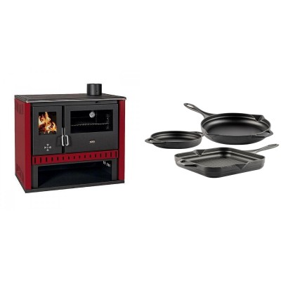 Set Küchenofen / Küchenhexe Prity GT Rot, Leistung 15 kW + Gusseisen Topf Set aus 3 teilen Solagio, Black Onyx - Kaminofen - Holzofen mit Backfach