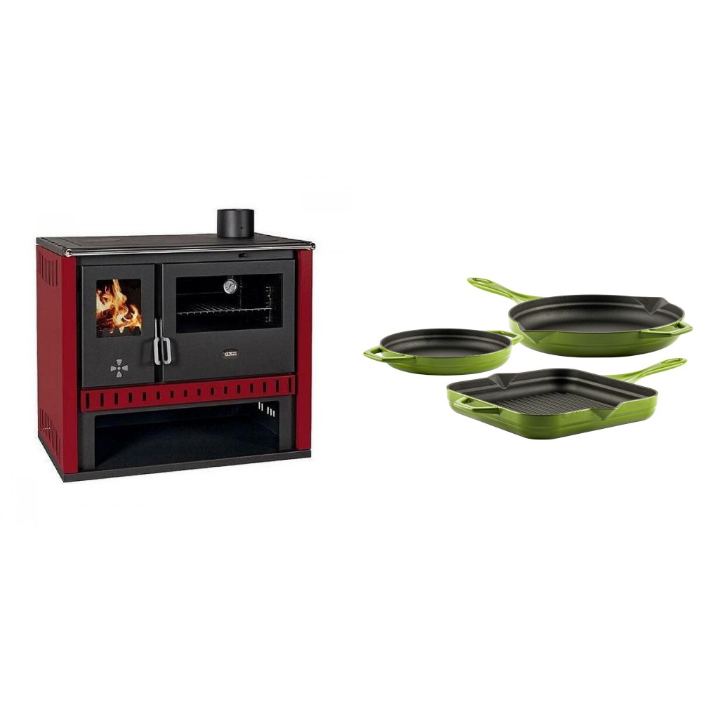 Set Küchenofen / Küchenhexe Prity GT Rot, Leistung 15 kW + Gusseisen Topf Set aus 3 teilen Solagio, Bamboo | Kaminofen - Holzofen mit Backfach | Kaminofen |