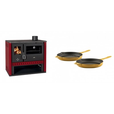 Set Küchenofen / Küchenhexe Prity GT Rot, Leistung 15 kW + Gusseisen Topf Set aus 2 teilen Solagio, Dijon - Kaminofen - Holzofen mit Backfach