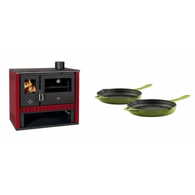 Set Küchenofen / Küchenhexe Prity GT Rot, Leistung 15 kW + Gusseisen Topf Set aus 2 teilen Solagio, Bamboo - Kaminofen - Holzofen mit Backfach