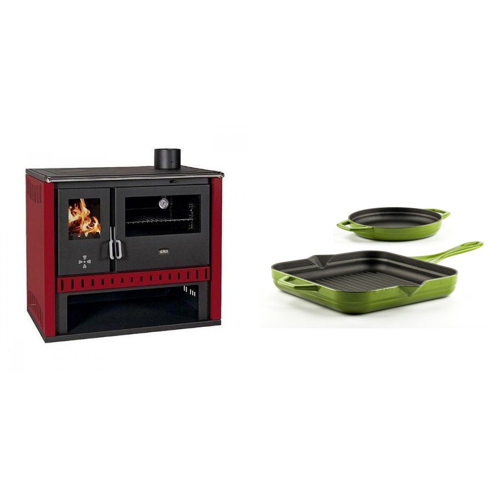 Set Küchenofen / Küchenhexe Prity GT Rot, Leistung 15 kW + Gusseisen Topf Set aus 2 teilen Solagio, Bamboo | Kaminofen - Holzofen mit Backfach | Kaminofen |