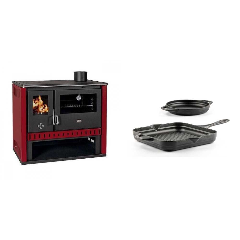 Set Küchenofen / Küchenhexe Prity GT Rot, Leistung 15 kW + Gusseisen Topf Set aus 2 teilen Solagio, Black Onyx | Kaminofen - Holzofen mit Backfach | Kaminofen |
