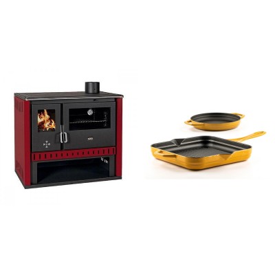 Set Küchenofen / Küchenhexe Prity GT Rot, Leistung 15 kW + Gusseisen Topf Set aus 2 teilen Solagio, Dijon - Kaminofen - Holzofen mit Backfach