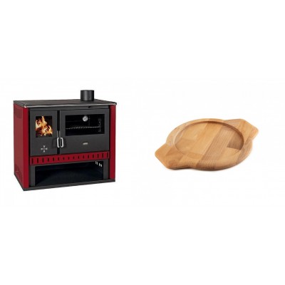 Set Küchenofen / Küchenhexe Prity GT Rot, Leistung 15 kW + Holz untersetzer für gusseisenschüssel Solagio HSYKTV22 - Kaminofen - Holzofen mit Backfach