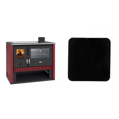 Set Küchenofen / Küchenhexe Prity GT Rot, mit Edelstahl-Backofen und Glaskeramik-Kochfeld, 15 kW + Funkenschutzplatte Stahl 2mm, Größe 98x98cm - Kaminofen - Holzofen mit Backfach