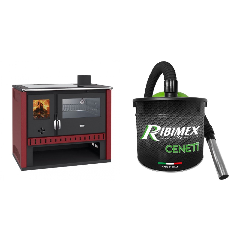 Set Küchenofen / Küchenhexe Prity GT Rot, mit Edelstahl-Backofen und Glaskeramik-Kochfeld, 15 kW + Elektrischer Aschesauger Ribimex, Modell Cenetì, Fassungsvermögen 15 L | Kaminofen - Holzofen mit Backfach | Prity |