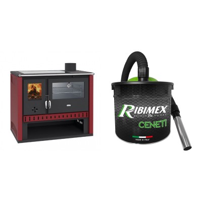 Set Küchenofen / Küchenhexe Prity GT Rot, mit Edelstahl-Backofen und Glaskeramik-Kochfeld, 15 kW + Elektrischer Aschesauger Ribimex, Modell Cenetì, Fassungsvermögen 15 L - Kaminofen - Holzofen mit Backfach