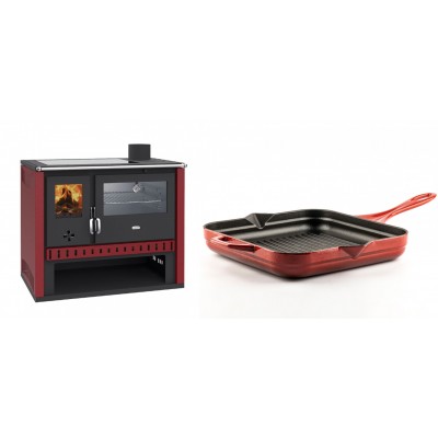 Set Küchenofen / Küchenhexe Prity GT Rot, mit Edelstahl-Backofen und Glaskeramik-Kochfeld, 15 kW + Emaillierte grillpfanne Gusseisen Solagio, Rubin, 28x28cm - Kaminofen - Holzofen mit Backfach