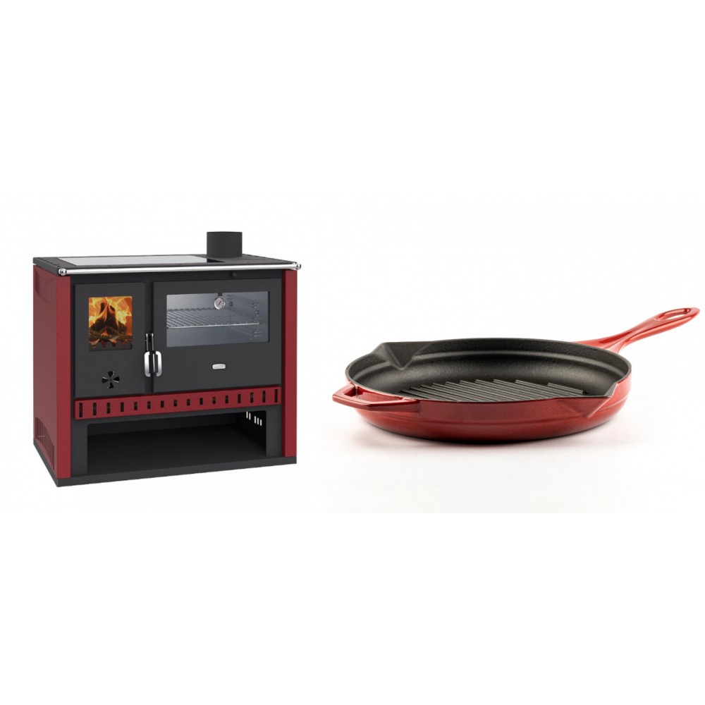 Set Küchenofen / Küchenhexe Prity GT Rot, mit Edelstahl-Backofen und Glaskeramik-Kochfeld, 15 kW + Emaillierte grillpfanne Gusseisen Solagio, Rubin, Ф28cm