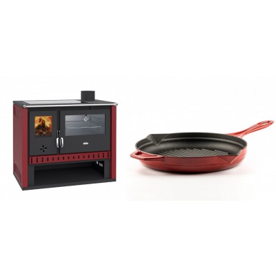 Set Küchenofen / Küchenhexe Prity GT Rot, mit Edelstahl-Backofen und Glaskeramik-Kochfeld, 15 kW + Emaillierte grillpfanne Gusseisen Solagio, Rubin, Ф28cm - Kaminofen - Holzofen mit Backfach