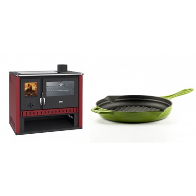 Set Küchenofen / Küchenhexe Prity GT Rot, mit Edelstahl-Backofen und Glaskeramik-Kochfeld, 15 kW + Emaillierte grillpfanne Gusseisen Solagio, Bamboo, Ф28cm - Kaminofen - Holzofen mit Backfach