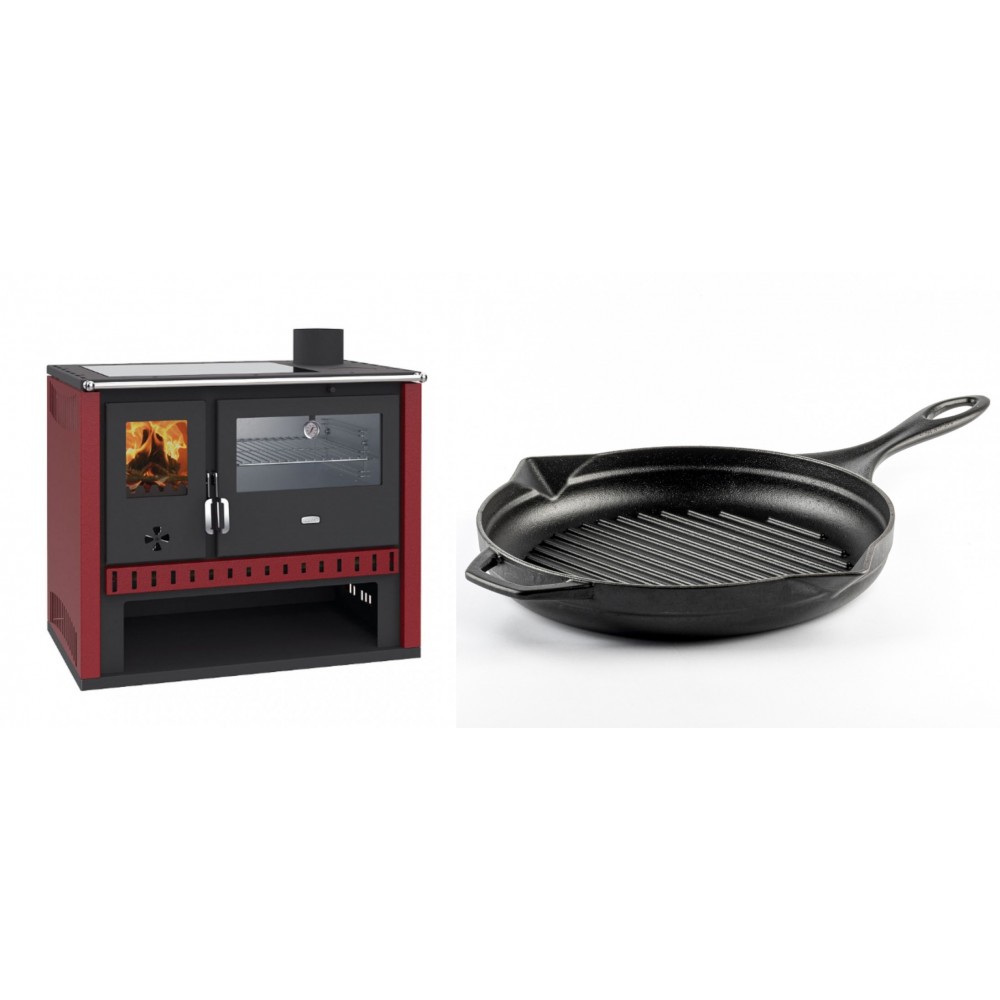 Set Küchenofen / Küchenhexe Prity GT Rot, mit Edelstahl-Backofen und Glaskeramik-Kochfeld, 15 kW + Emaillierte grillpfanne Gusseisen Solagio, Black Onyx, Ф28cm | Kaminofen - Holzofen mit Backfach | Kaminofen |