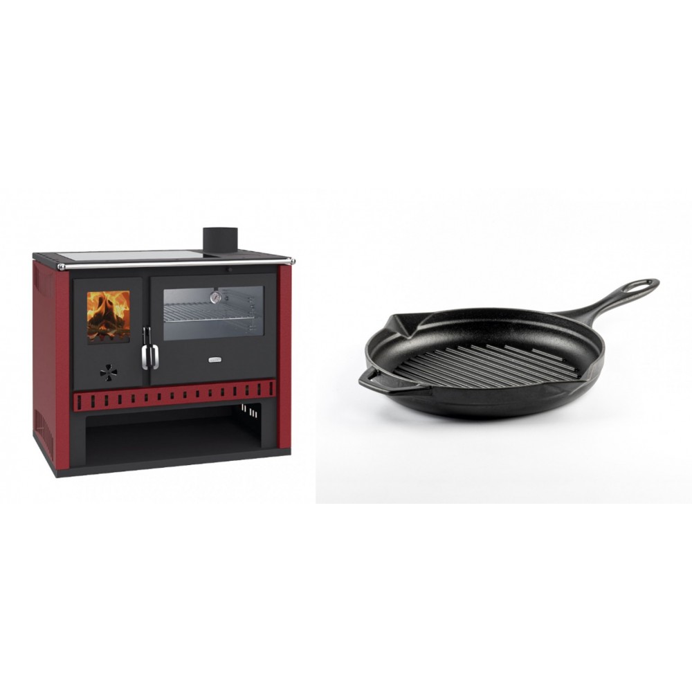Set Küchenofen / Küchenhexe Prity GT Rot, mit Edelstahl-Backofen und Glaskeramik-Kochfeld, 15 kW + Emaillierte grillpfanne Gusseisen Solagio, Black Onyx, Ф24cm