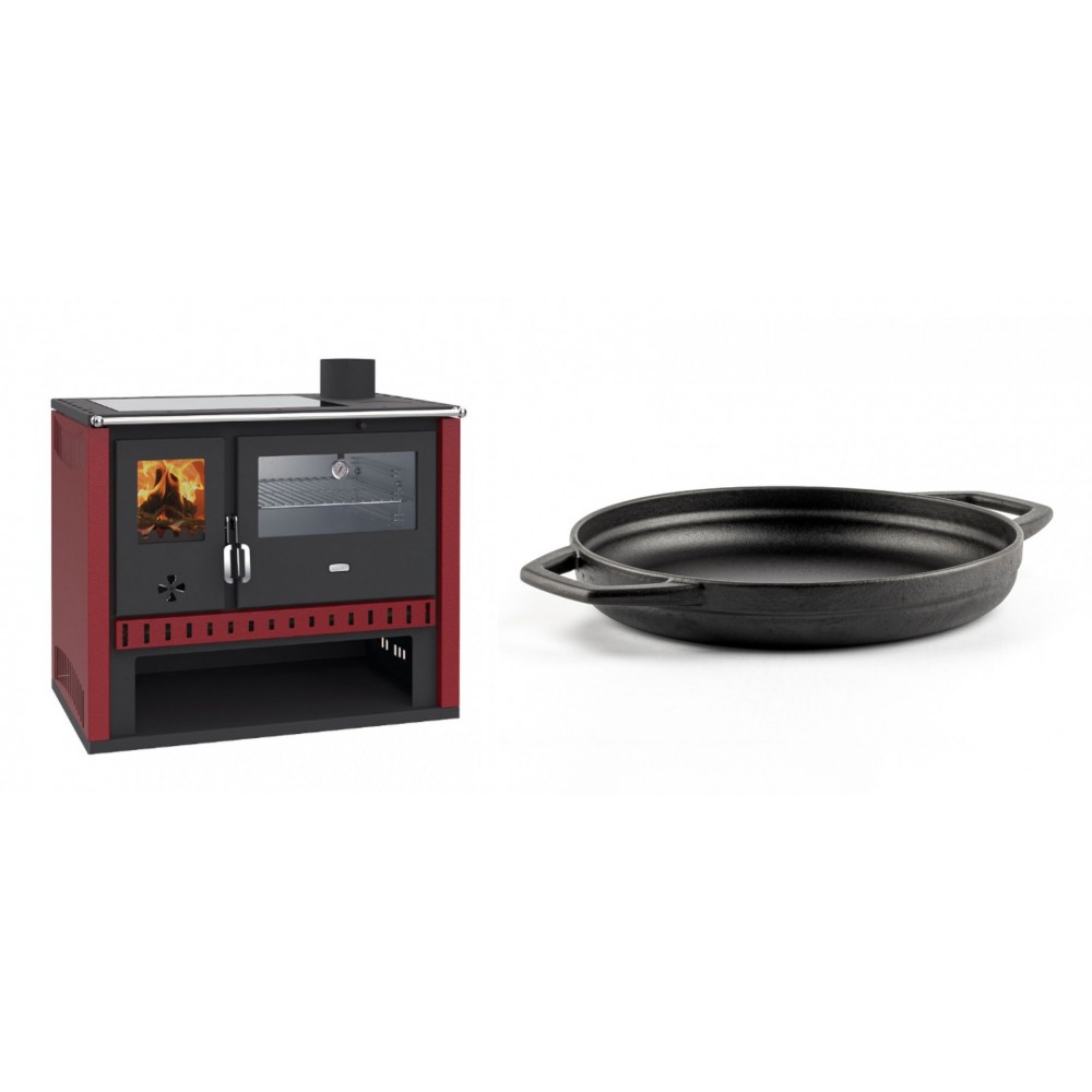 Set Küchenofen / Küchenhexe Prity GT Rot, mit Edelstahl-Backofen und Glaskeramik-Kochfeld, 15 kW + Emaillierte gusseisenpfanne mit zwei Griffen Solagio, Black Onyx, Ф22cm | Kaminofen - Holzofen mit Backfach | Kaminofen |
