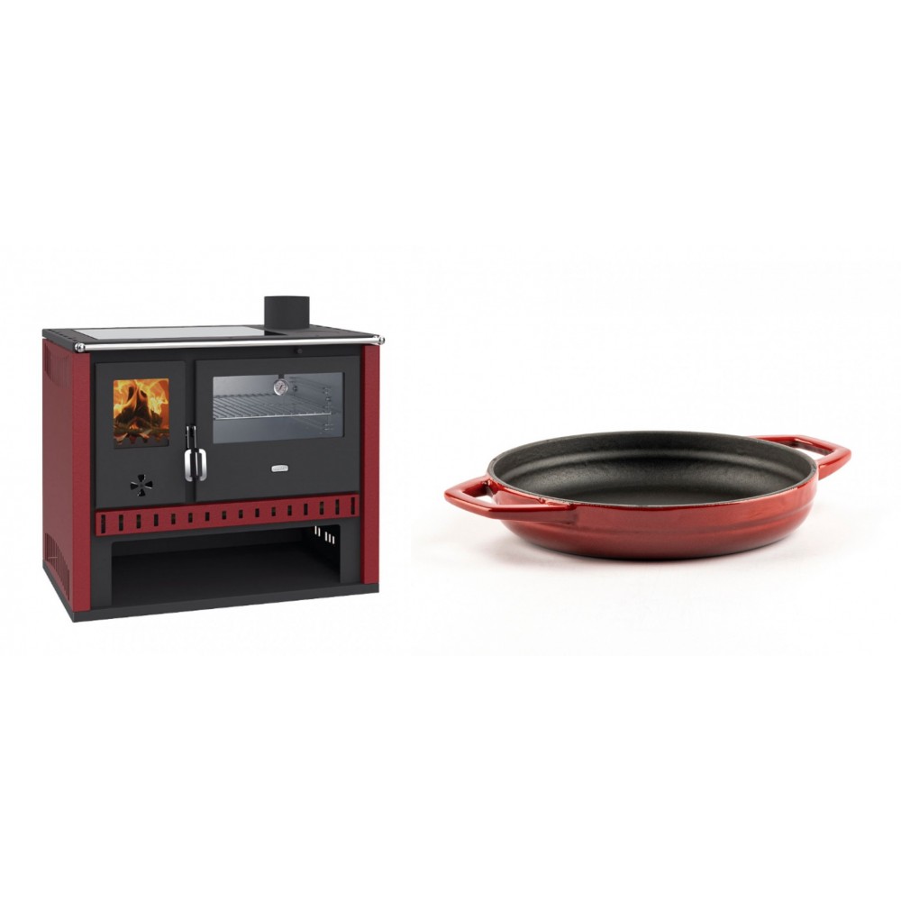 Set Küchenofen / Küchenhexe Prity GT Rot, mit Edelstahl-Backofen und Glaskeramik-Kochfeld, 15 kW + Emaillierte gusseisenpfanne mit zwei Griffen Solagio, Rubin, Ф19cm | Kaminofen - Holzofen mit Backfach | Kaminofen |