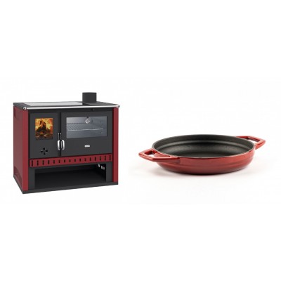 Set Küchenofen / Küchenhexe Prity GT Rot, mit Edelstahl-Backofen und Glaskeramik-Kochfeld, 15 kW + Emaillierte gusseisenpfanne mit zwei Griffen Solagio, Rubin, Ф19cm - Kaminofen - Holzofen mit Backfach