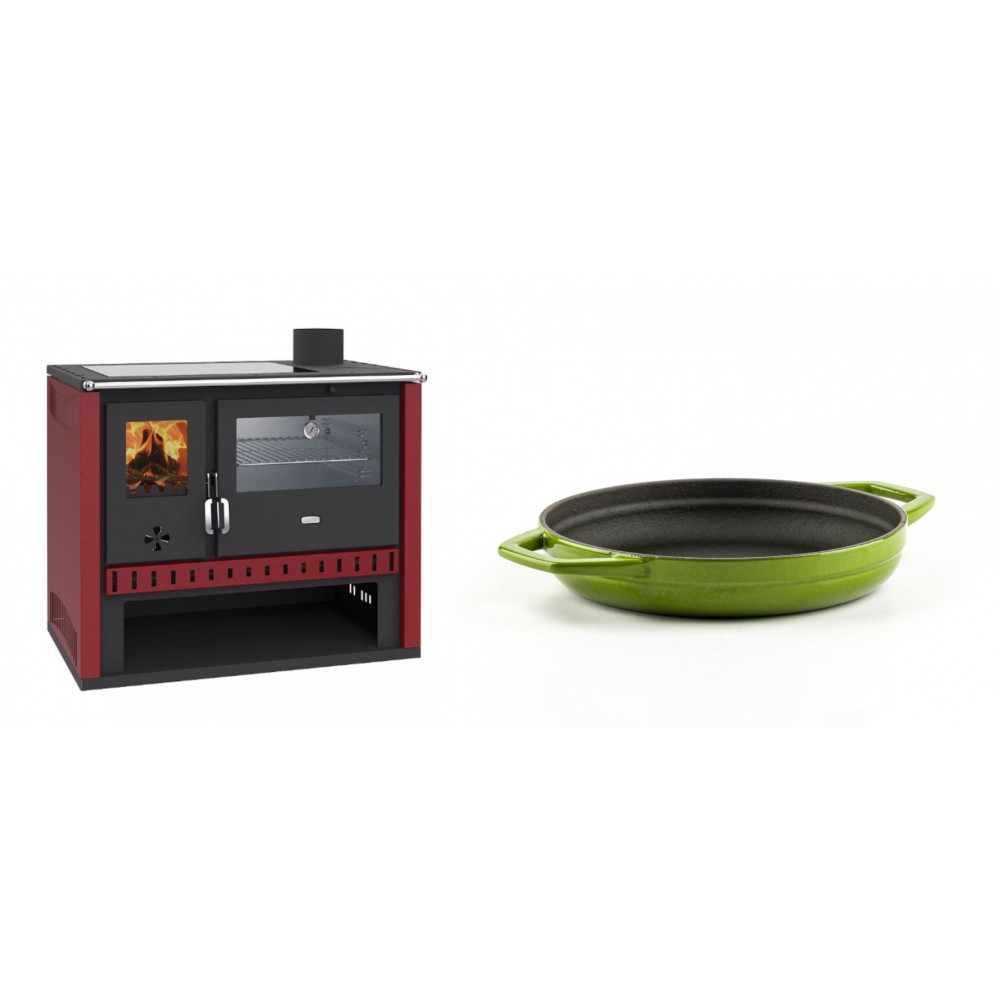 Set Küchenofen / Küchenhexe Prity GT Rot, mit Edelstahl-Backofen und Glaskeramik-Kochfeld, 15 kW + Emaillierte gusseisenpfanne mit zwei Griffen Solagio, Bamboo, Ф19cm | Kaminofen - Holzofen mit Backfach | Kaminofen |