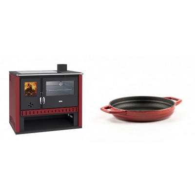 Set Küchenofen / Küchenhexe Prity GT Rot, mit Edelstahl-Backofen und Glaskeramik-Kochfeld, 15 kW + Emaillierte gusseisenpfanne mit zwei Griffen Solagio, Rubin, Ф16cm - Kaminofen - Holzofen mit Backfach