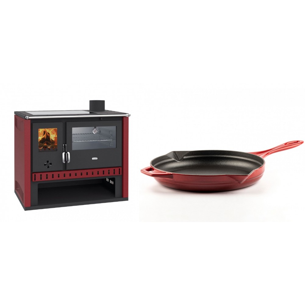Set Küchenofen / Küchenhexe Prity GT Rot, mit Edelstahl-Backofen und Glaskeramik-Kochfeld, 15 kW + Emaillierte Gusseisenpfanne Solagio, Rubin, Ф28cm