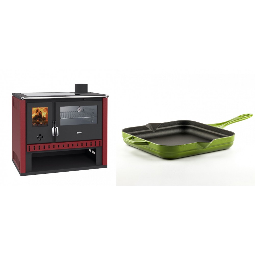 Set Küchenofen / Küchenhexe Prity GT Rot, mit Edelstahl-Backofen und Glaskeramik-Kochfeld, 15 kW + Emaillierte Gusseisenpfanne Solagio, Bamboo, 28x28cm