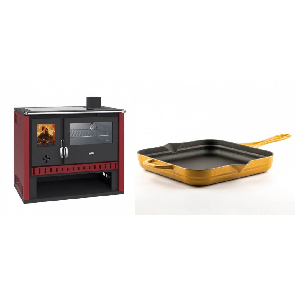 Set Küchenofen / Küchenhexe Prity GT Rot, mit Edelstahl-Backofen und Glaskeramik-Kochfeld, 15 kW + Emaillierte Gusseisenpfanne Solagio, Dijon, 28x28cm