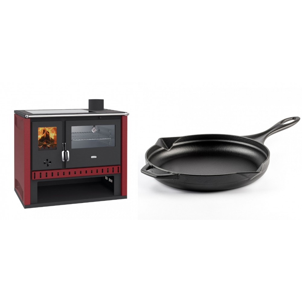 Set Küchenofen / Küchenhexe Prity GT Rot, mit Edelstahl-Backofen und Glaskeramik-Kochfeld, 15 kW + Emaillierte Gusseisenpfanne Solagio, Black Onyx, Ф28cm | Kaminofen - Holzofen mit Backfach | Kaminofen |