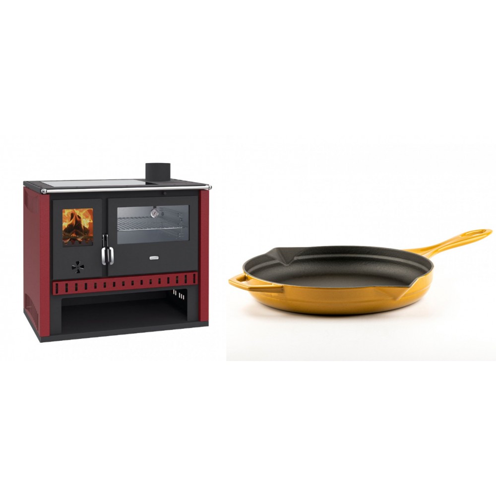 Set Küchenofen / Küchenhexe Prity GT Rot, mit Edelstahl-Backofen und Glaskeramik-Kochfeld, 15 kW + Emaillierte Gusseisenpfanne Solagio, Dijon, Ф28cm