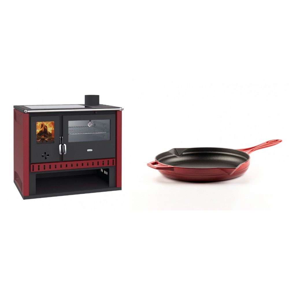 Set Küchenofen / Küchenhexe Prity GT Rot, mit Edelstahl-Backofen und Glaskeramik-Kochfeld, 15 kW + Emaillierte Gusseisenpfanne Solagio, Rubin, Ф24cm