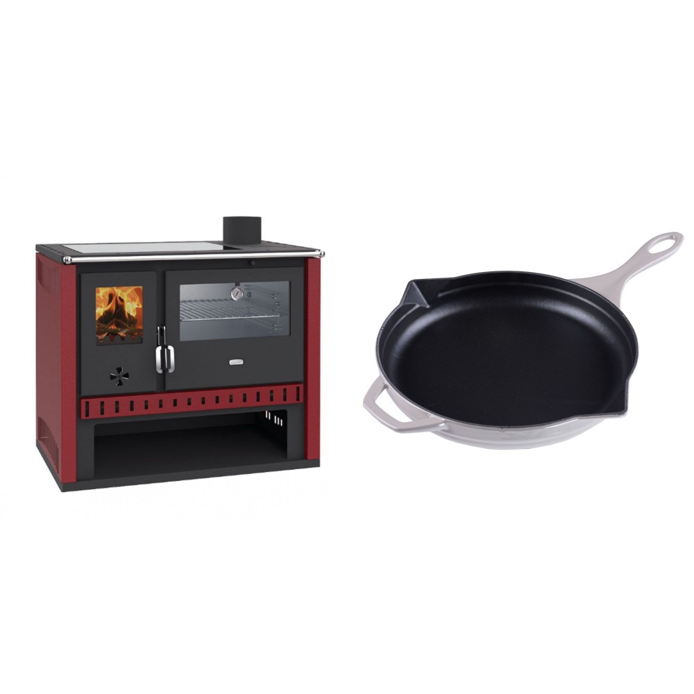 Set Küchenofen / Küchenhexe Prity GT Rot, mit Edelstahl-Backofen und Glaskeramik-Kochfeld, 15 kW + Emaillierte Gusseisenpfanne Solagio, Ivory, Ф28cm | Kaminofen - Holzofen mit Backfach | Kaminofen |