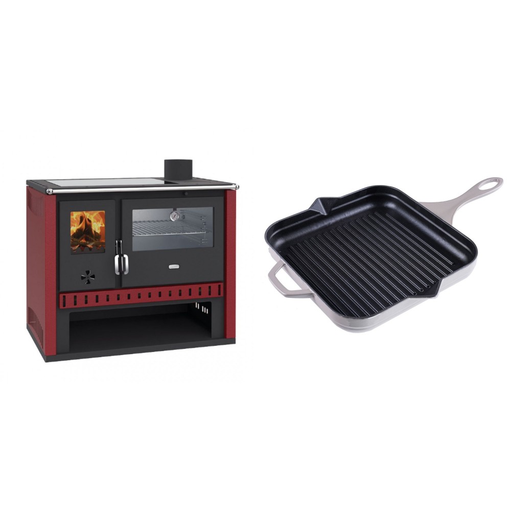 Set Küchenofen / Küchenhexe Prity GT Rot, mit Edelstahl-Backofen und Glaskeramik-Kochfeld, 15 kW + Emaillierte grillpfanne Gusseisen Solagio, Ivory, 28x28cm