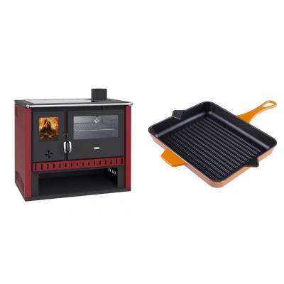Set Küchenofen / Küchenhexe Prity GT Rot, mit Edelstahl-Backofen und Glaskeramik-Kochfeld, 15 kW + Emaillierte grillpfanne Gusseisen Solagio, Dijon, 26x32cm - Kaminofen - Holzofen mit Backfach