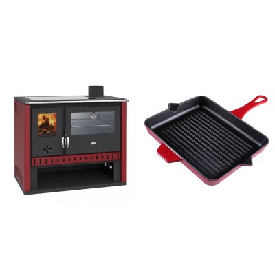 Set Küchenofen / Küchenhexe Prity GT Rot, mit Edelstahl-Backofen und Glaskeramik-Kochfeld, 15 kW + Emaillierte grillpfanne Gusseisen Solagio, Rubin, 26x32cm - Kaminofen - Holzofen mit Backfach