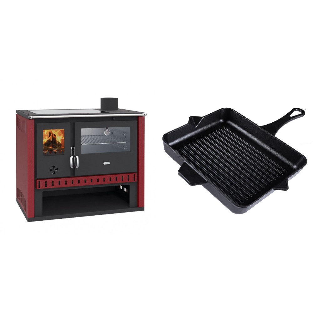 Set Küchenofen / Küchenhexe Prity GT Rot, mit Edelstahl-Backofen und Glaskeramik-Kochfeld, 15 kW + Emaillierte grillpfanne Gusseisen Solagio, Black Onyx, 26x32cm