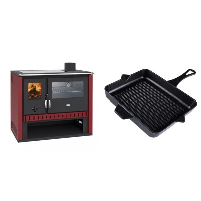 Set Küchenofen / Küchenhexe Prity GT Rot, mit Edelstahl-Backofen und Glaskeramik-Kochfeld, 15 kW + Emaillierte grillpfanne Gusseisen Solagio, Black Onyx, 26x32cm - Kaminofen - Holzofen mit Backfach