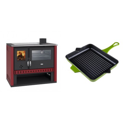 Set Küchenofen / Küchenhexe Prity GT Rot, mit Edelstahl-Backofen und Glaskeramik-Kochfeld, 15 kW + Emaillierte grillpfanne Gusseisen Solagio, Bamboo, 26x32cm - Kaminofen - Holzofen mit Backfach