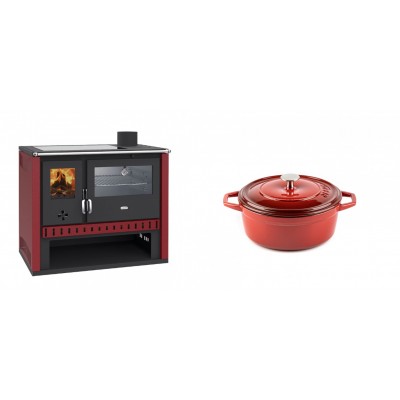 Set Küchenofen / Küchenhexe Prity GT Rot, mit Edelstahl-Backofen und Glaskeramik-Kochfeld, 15 kW + Gusseisen Topf Tiefer Solagio, Rubin, Ф12 - Kaminofen - Holzofen mit Backfach