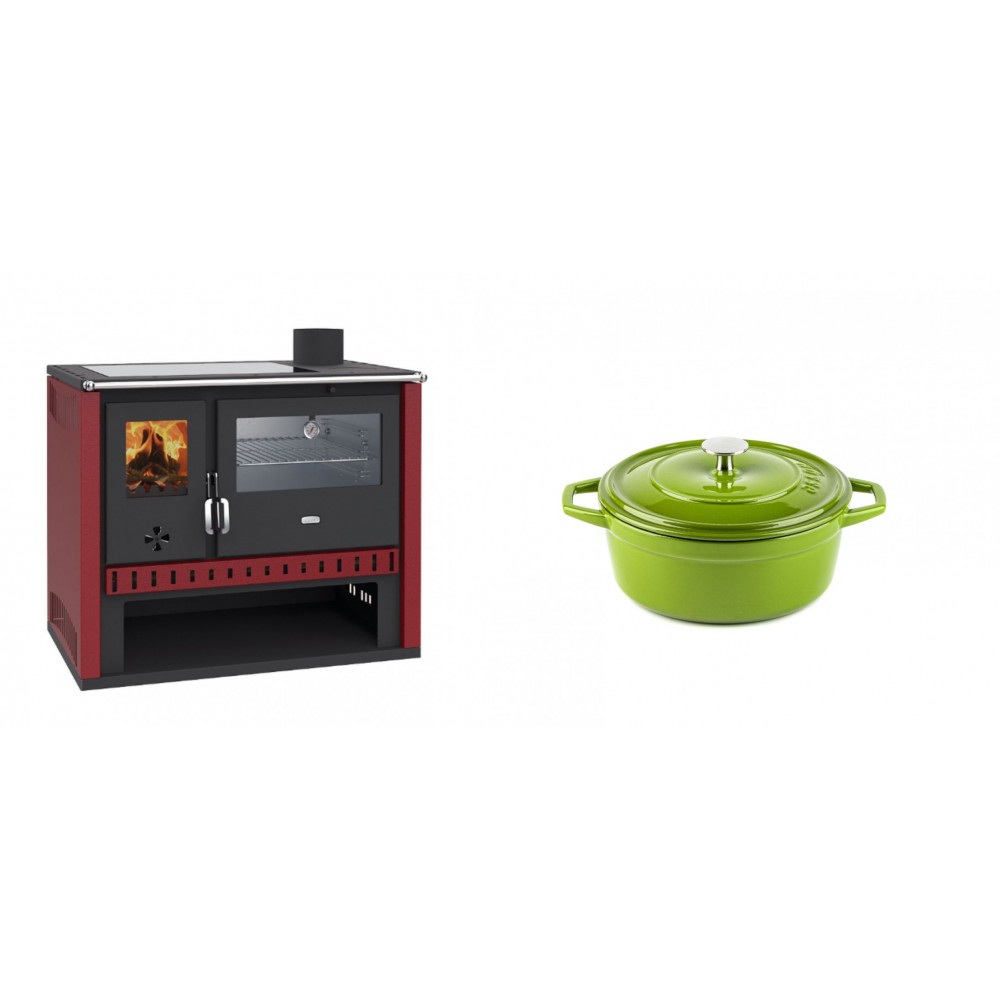 Set Küchenofen / Küchenhexe Prity GT Rot, mit Edelstahl-Backofen und Glaskeramik-Kochfeld, 15 kW + Gusseisen Topf Tiefer Solagio, Bamboo, Ф12