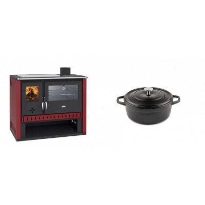 Set Küchenofen / Küchenhexe Prity GT Rot, mit Edelstahl-Backofen und Glaskeramik-Kochfeld, 15 kW + Gusseisen Topf Tiefer Solagio, Black Onyx, Ф12 - Kaminofen - Holzofen mit Backfach
