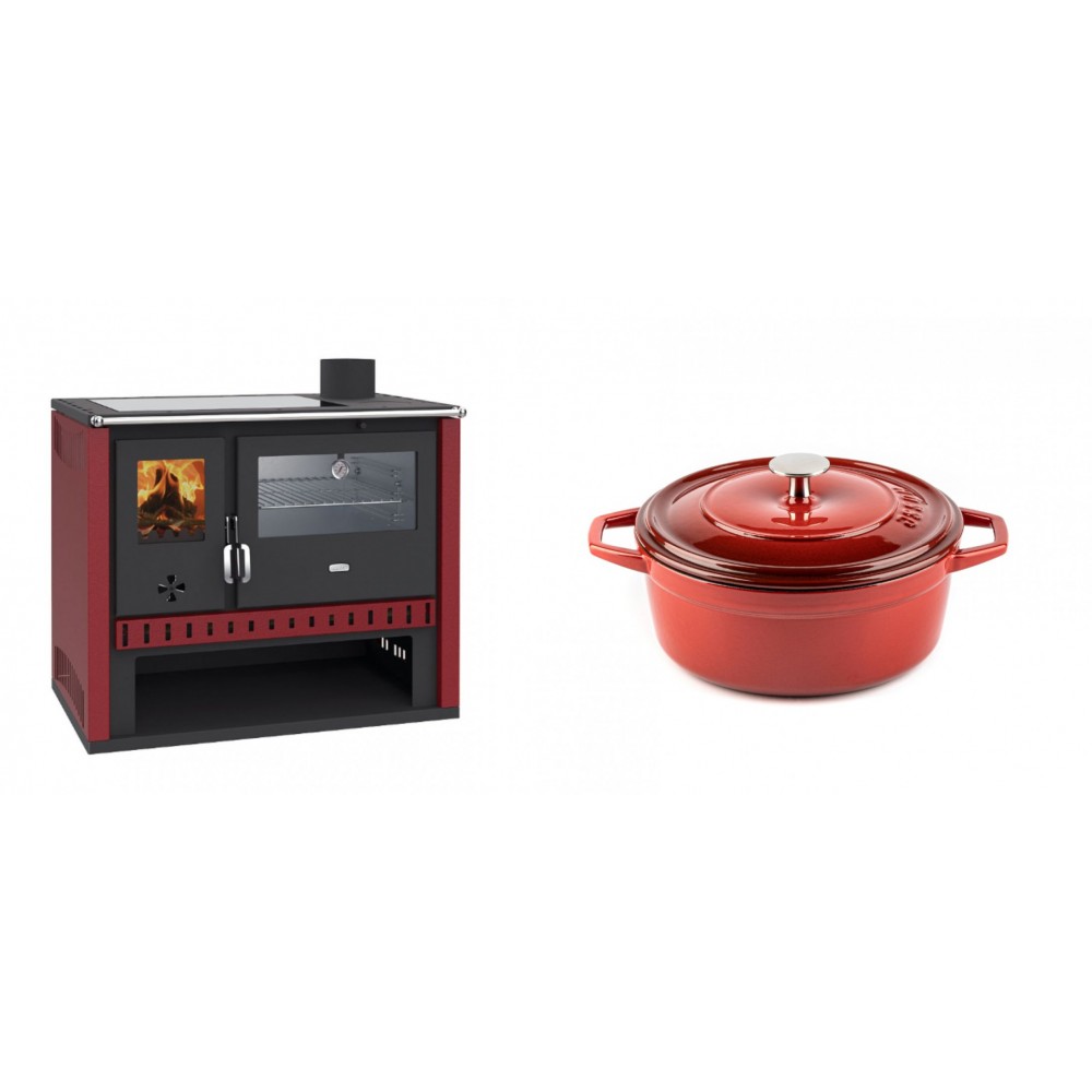 Set Küchenofen / Küchenhexe Prity GT Rot, mit Edelstahl-Backofen und Glaskeramik-Kochfeld, 15 kW + Gusseisen Topf Tiefer Solagio, Rubin, Ф20